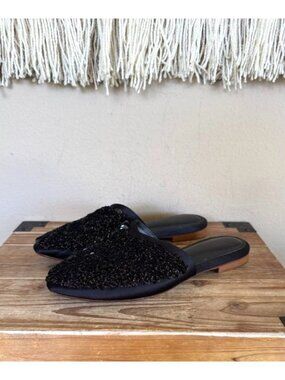 ZYNE CERES Black Satin Sequins Brown Beaded Pointy Toe Evening Flat Mules Size 8